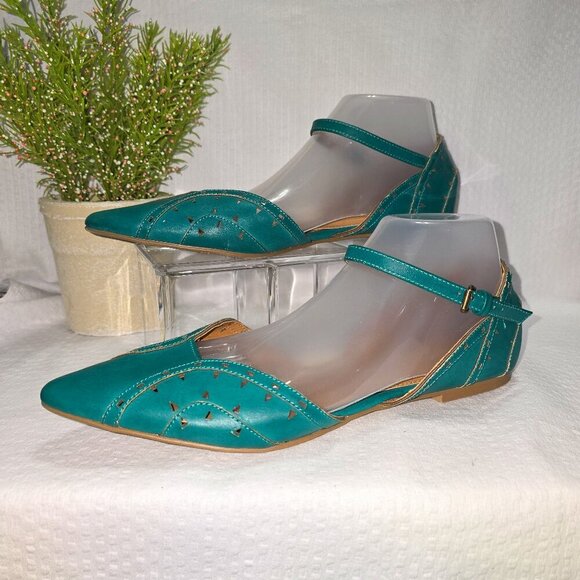 WOMENS MIA FLATS POINTED TOE ANKLE STRAP IN GREEN FAUX LEATHER SIZE 10 GUC - Picture 1 of 9